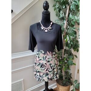 J Jill Wearever Blouse Women's M Black Floral Print Square Neck Short Sleeves